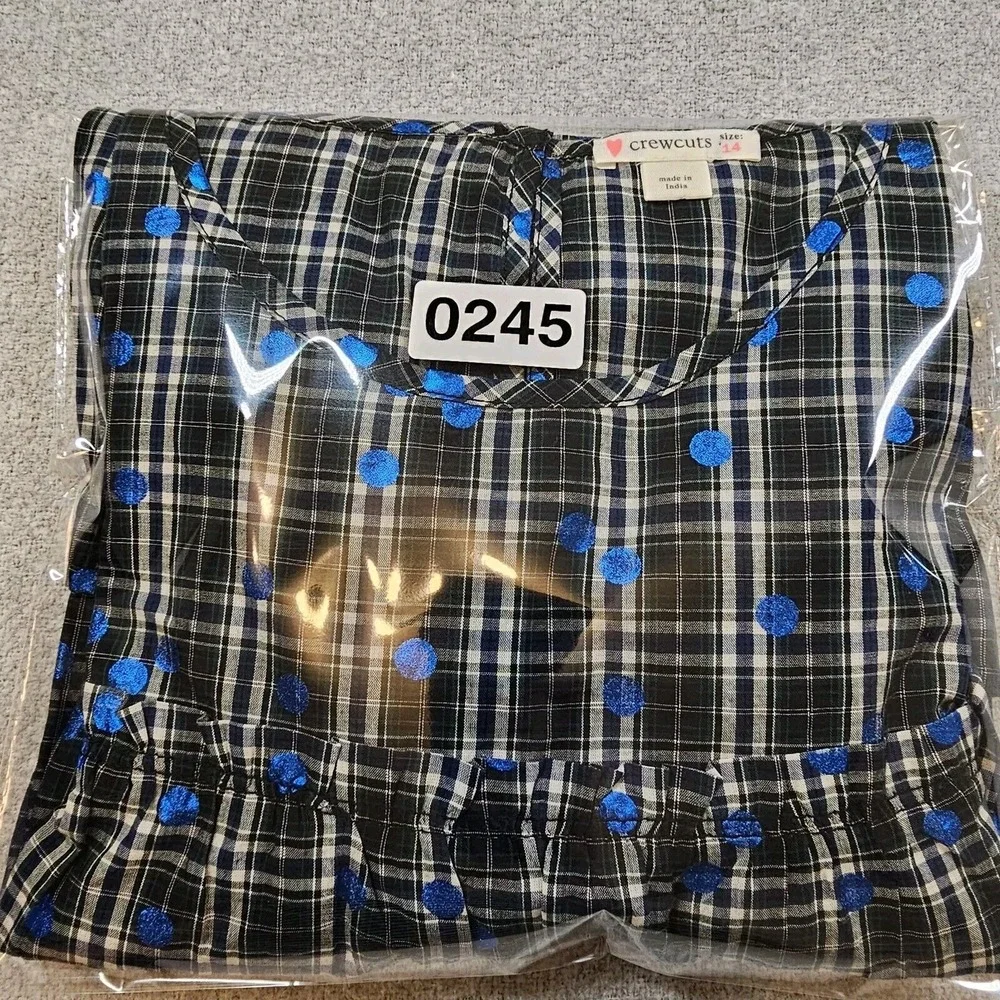 J.Crew Crewcuts Tiered‎ Shirt Top Plaid Polka-Dots Cotton Blue Youth Girls 14
